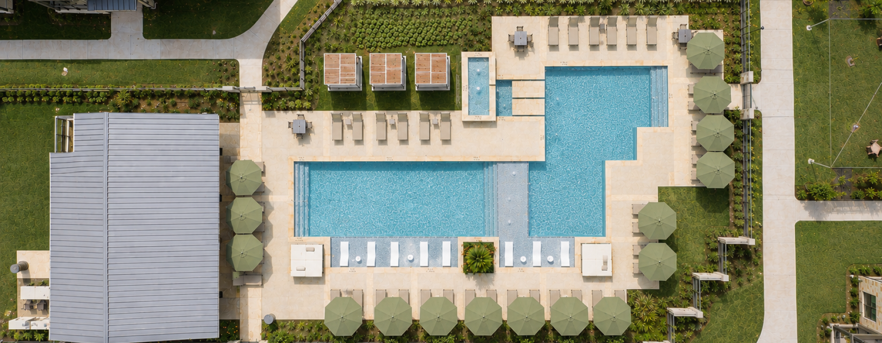 a pool in a courtyard between buildings